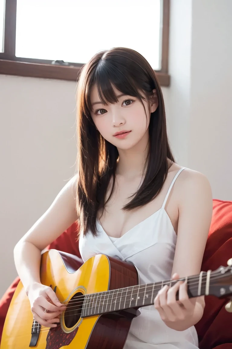 (8K, Raw photo:1.2),Detailed face and eyes,Best Quality, 超A high resolution, Highly detailed ,intricate detailes ,masutepiece ,Cute Girl , Soft cinematic light, Hyper-detailing, High quality,A dark-haired, bob cuts, NSFW,Wearing a dress、（holding an electric guitar）、White background、full body Esbian