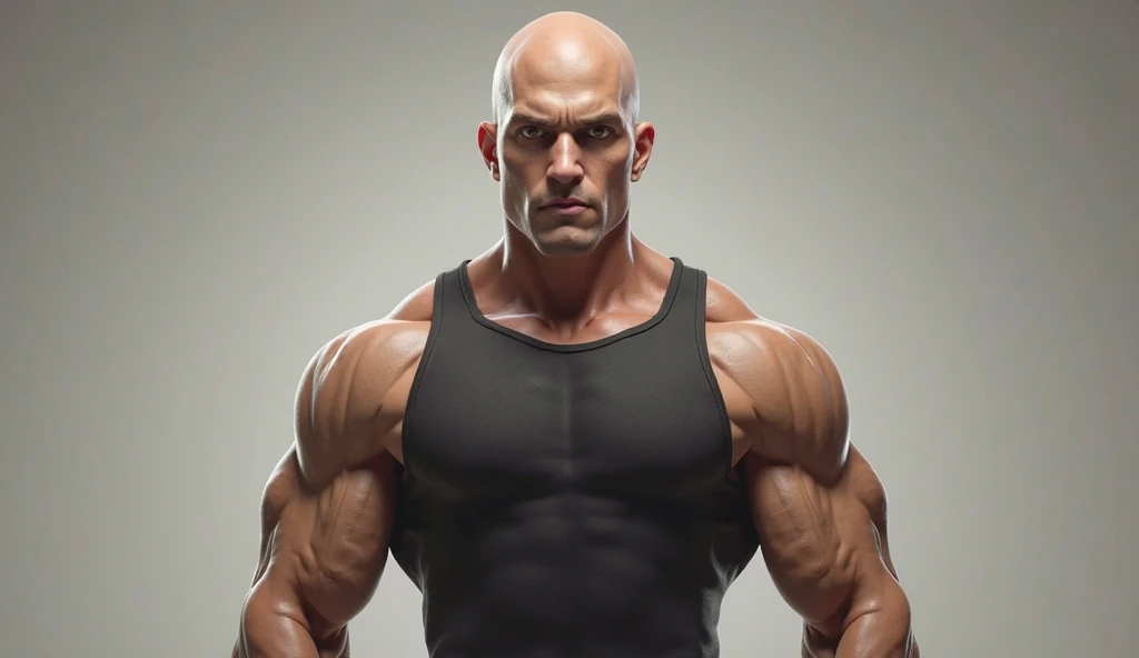 (RAW photo), joshsweet, grey background, <lora:JoshuaSweet:0.7>, sitting, chair, muscular, bald