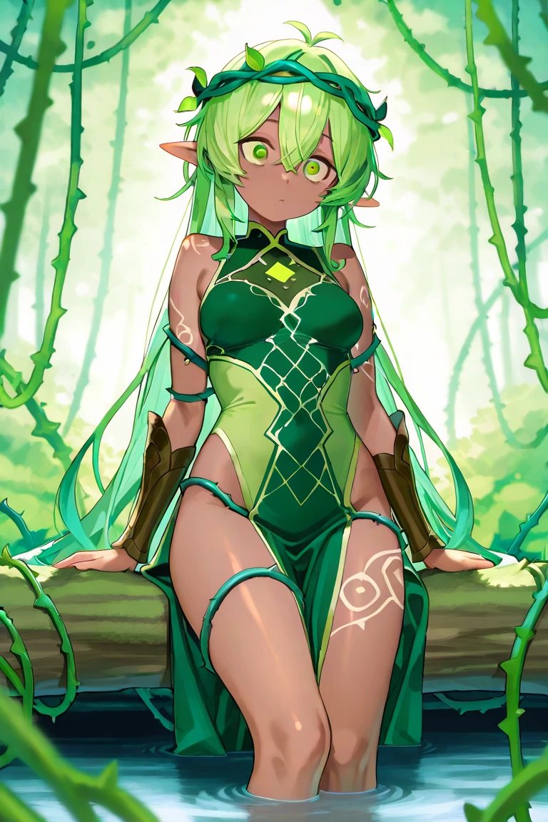 (1girl,solo),cowboy shot,standing,(blonde hair:1.5), long hair, low twintails,elf ears,(green eyes:1.2),(beautiful fingers:1.4),(perfect anatomy:1.4),(arms_behind_back:1.6),(cold_shoulder:1.2),BREAK,(green leather lace glossy silk lamé leotard:1.4),(latex luster shiny glossy metallic:1.6),(shiny_clothes:1.6),medium breasts,beautiful breasts,(thin thighs:1.2),masterpiece,best quality,(Ultra high definition eyes:1.2),8k,(Beautiful detailed eyes:1.2),(Fine and beautiful eyes:1.2),(pretty eyes:1.2),finely detail,extremely CG, absurdres,high resolution,illustration,Detailed and beautiful outlines,finely detail,high resolution,(colorful refraction:1.4,Increase saturation:1.2),beautiful lighting,dynamic lighting,closed room,black background,simple background, smile,looking at viewer,sui,suidefault,suidress,green dress,(green thigh boots:1.4)