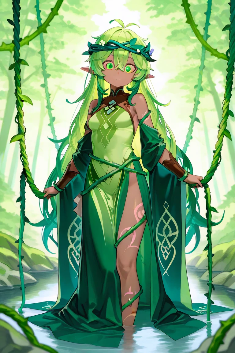 8k quality, high colours, Anthropomorphic girl, solo, blue skin, (green hair), long elves ears, smiling, slim body, human face,red eyes, small breasts, green leafs like panties, green leafs like bra, clothes, 2 plant tentacles from back, hands on the belt, in a tropical forest, full body, on the lake, tiny hips, plant-based clothes, front view, green leafs long dress,