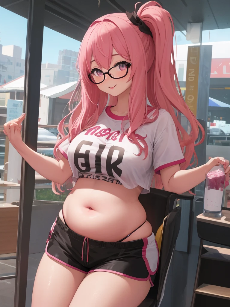 Full body girl, pregnant, cum on thighs, huge belly, cum on belly, huge breasts, cum on breasts, yellow eyes, glasses, shy, tsundere, embarrassed, pout, straight long hair, pink hair, visible belly, thight sports bra, sweatpants, best quality
