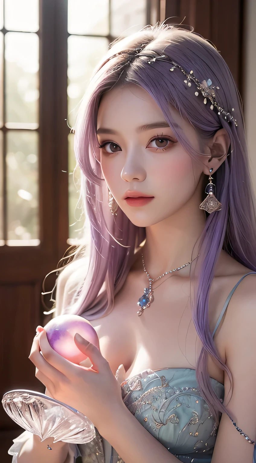 One female View your viewers A dress with bare shoulders Purple Dress Ample breasts Beautiful Skin Blue eyes Light pink lips Smooth, long hair Beautiful earrings Upper Body Platinum Necklace
