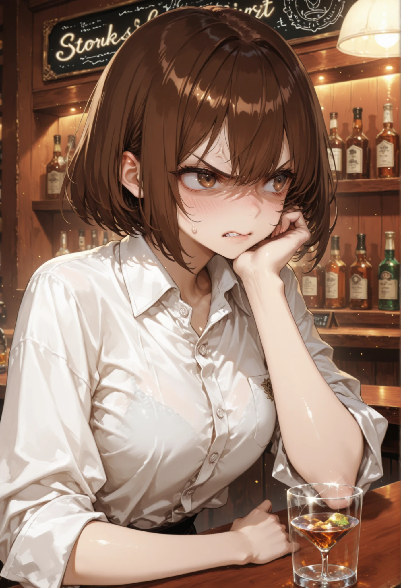 brown medium short hair、White Collared Shirt、Bar Counter、、Rocks glass、is angry
