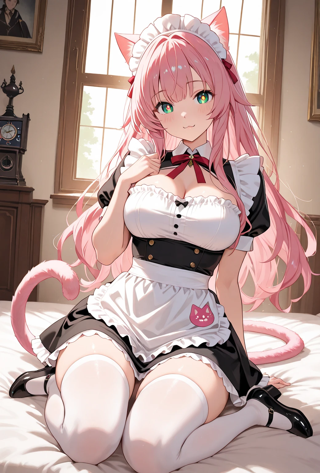 pinku_pawlette, cat_ears, cat_tail, pink_hair, purple_eyes, hair_over_one_eye maid, maid_uniform, maid_headdress, dress, paw_gloves, cat_paws, white_legwear, neck_bell, bell, shoes, lie in bed, smiling