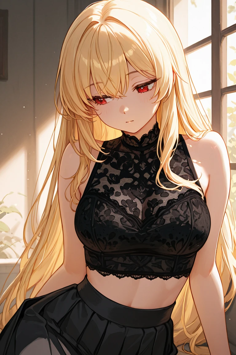 Girl with wavy blonde hair and red eyes、Sitting surrounded by roses、red blush、off shoulders、a miniskirt