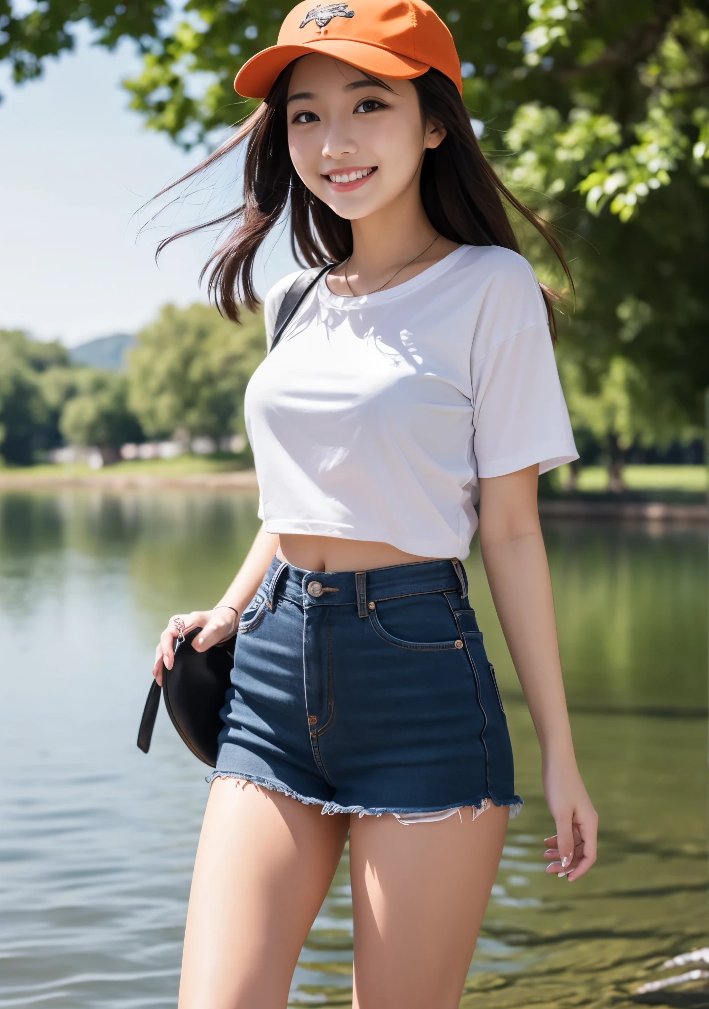 detailed_background, detailed_body, realistic, full body view, 1 girl, eye glasses, blushes, dark forest background, straight black hair, blunt bangs, cleavage, bigboobs, large_tits, side_boobs, long legs, sneakers, small waist, see-through white short-sleeve shirt, navel, pleated_denim_skirt, hip_line, panty_shot, baseball_cap, foot_up