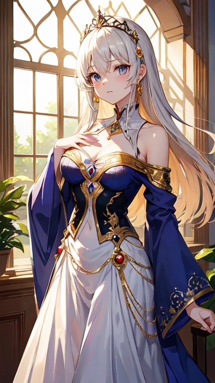 Fantasy, 19th century, empress, woman, delicate face, pale blonde hair, blue eyes, in a white royal dress with open shoulders, gold patterns on fabric, crystal jewelry, with a scarlet ribbon over the shoulder with the regalia of the monarch, Gothic castle made of white stone on the background, light, day, hd