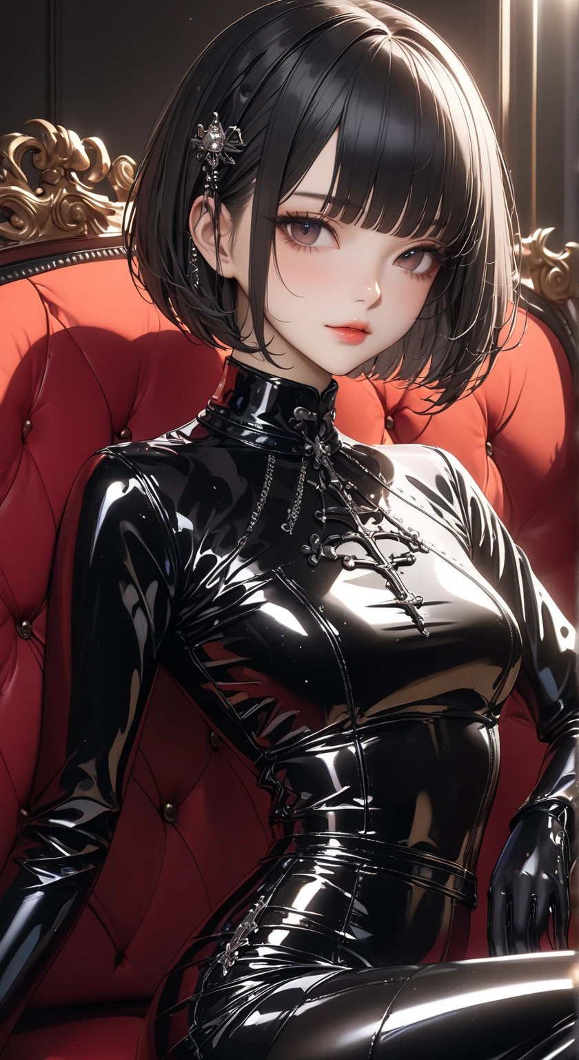 (masterpiece、highest quality、Highest Resolution、Clear_image、Detailed details、Angle from above): (Whole body、One 20 year old girl、Japanese Faces、Small Face、Slender、Navy pink super short bob cut hair、Sparkling pink eyes、Shiny pilot suit in pink and black colors、Tight fitting clothes