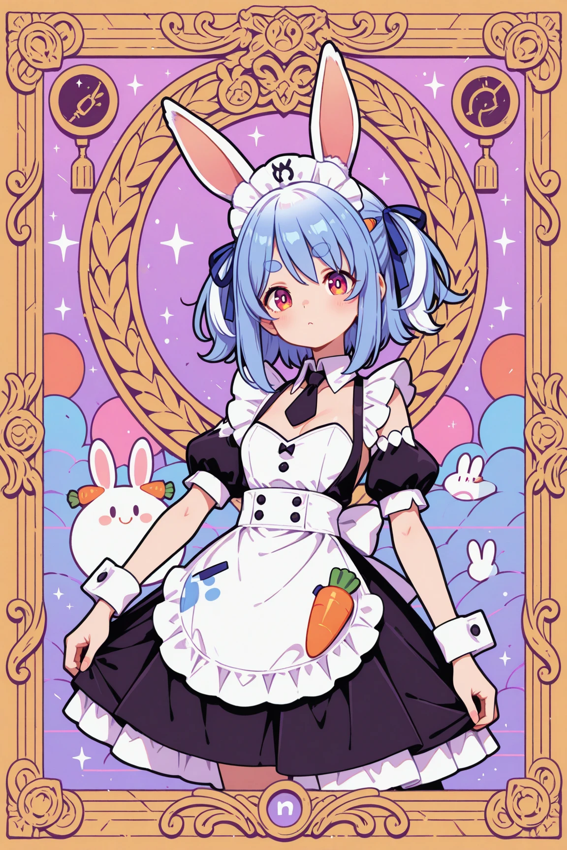 1girl, large breasts, bunnysuit, orange eyes, very short hair, blue hair, bunny ears, bowtie, breasts, text, heart, christmas