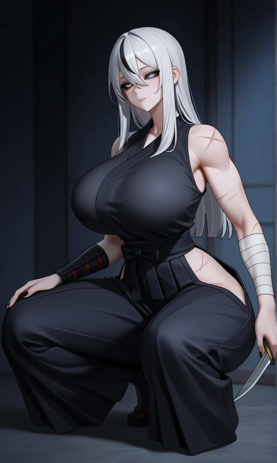 A woman without clothes, silver hair, purple eyes, huge breasts, muscular, serious face