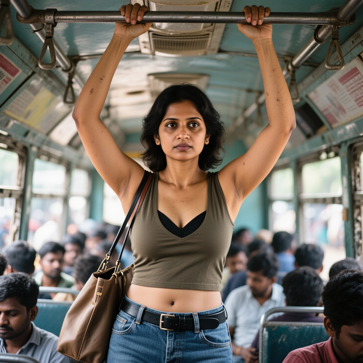 So I want a realistic image scene, indian bus, a men and women standing lane between seats, women wearing sleeveless western dress, her hand are up slides behind her head, exposing her sweaty armpit.