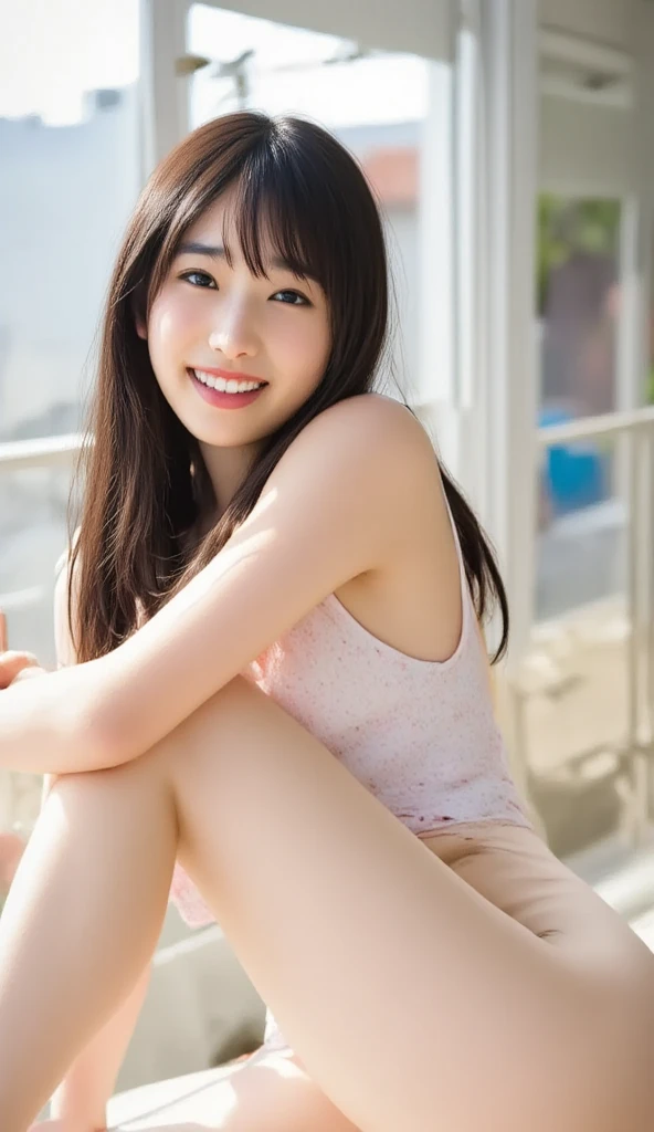 (Official Art、highest quality、Unity 8k wallpaper、32k、masterpiece、Ultra-detailed、超A high resolution、Realistic、Photorealistic:1.2)、(Natural soft light:1.2)、Fire Glow Effect、Film Grain、Best Shadow、Rim lighting、Side light、Side Shot、(Highly detailed and complex 3D rendering)、詳細なBeautiful Faceと目、Sharp pupils、Realistic生徒、Full Body, Sandy Beach、Beautiful Face、Blurred Background、18 year old beautiful girl、Glowing Skin、Beautiful wet black hair、I pulled up my wet shirt、Wet Check Mini Skirt、(Thighs Thighs Thighs:0.9)、barefoot、curve、Dynamic pose、Open mouth smile、Two Girls、
