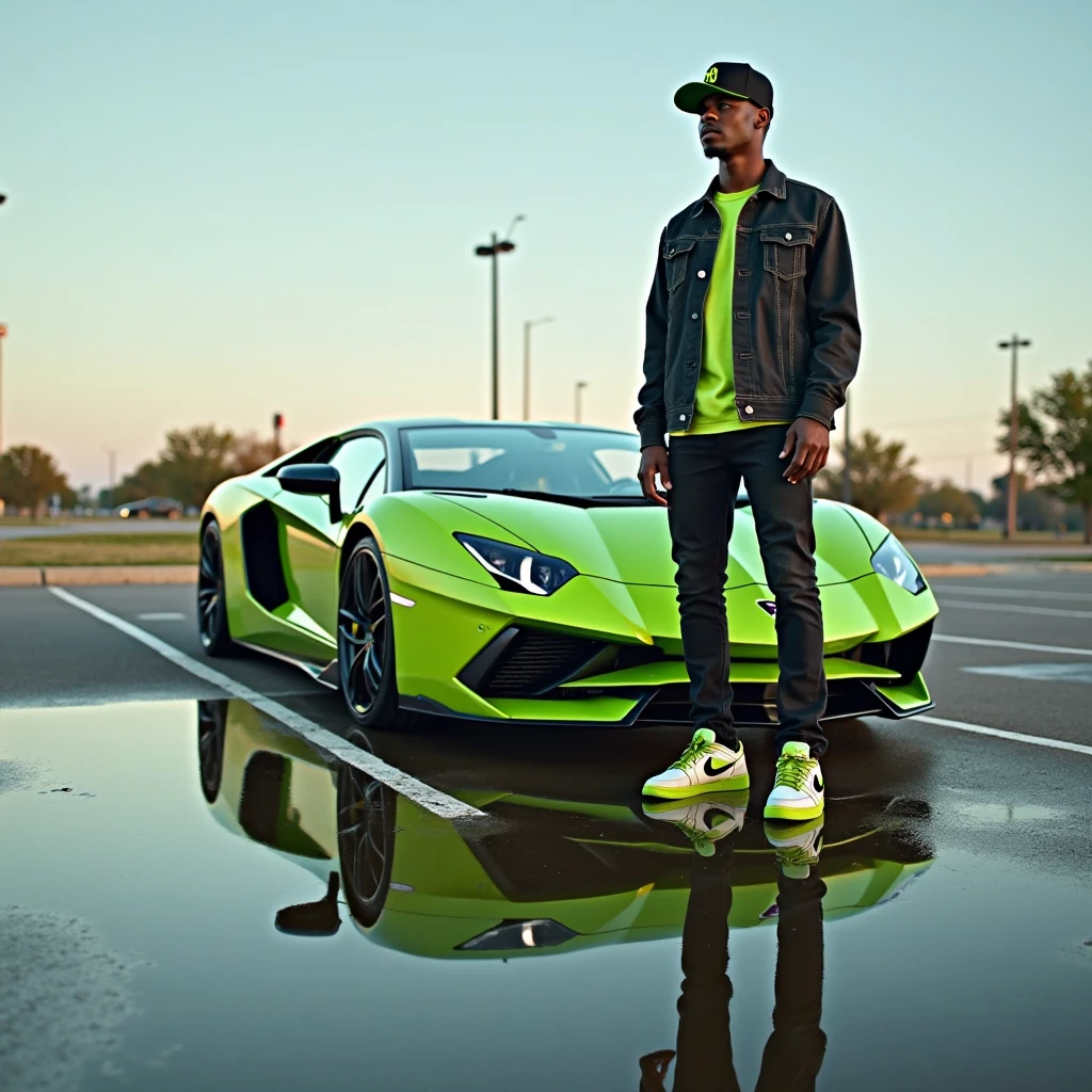(photorealism:1.2), Young man as a punk rocker style(yellow mohawk hair standing high) is holding a cigaretes on his finger((blowing the smokes)), t-shirts and tight scars jeans, standing beside his modified lambo car(glossy green)the traffic lights and marks, low angle camera shots, headphones on his neck, nike sneakers, cars in the streets at nights