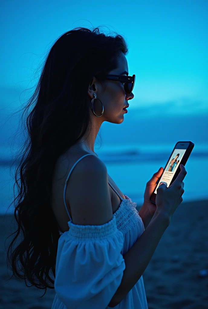 Black shadow of a flirting man taking a photo of a woman on a cartoon style beach, in Vice City GTA, Black night sky