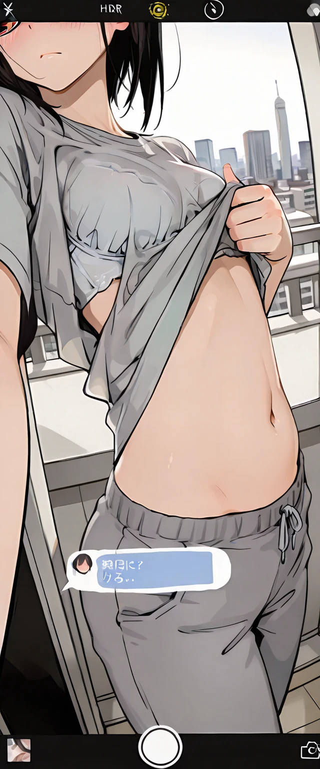 1girl, solo, breasts, stomach, navel, short sleeves, shirt, midriff, no pants, smile