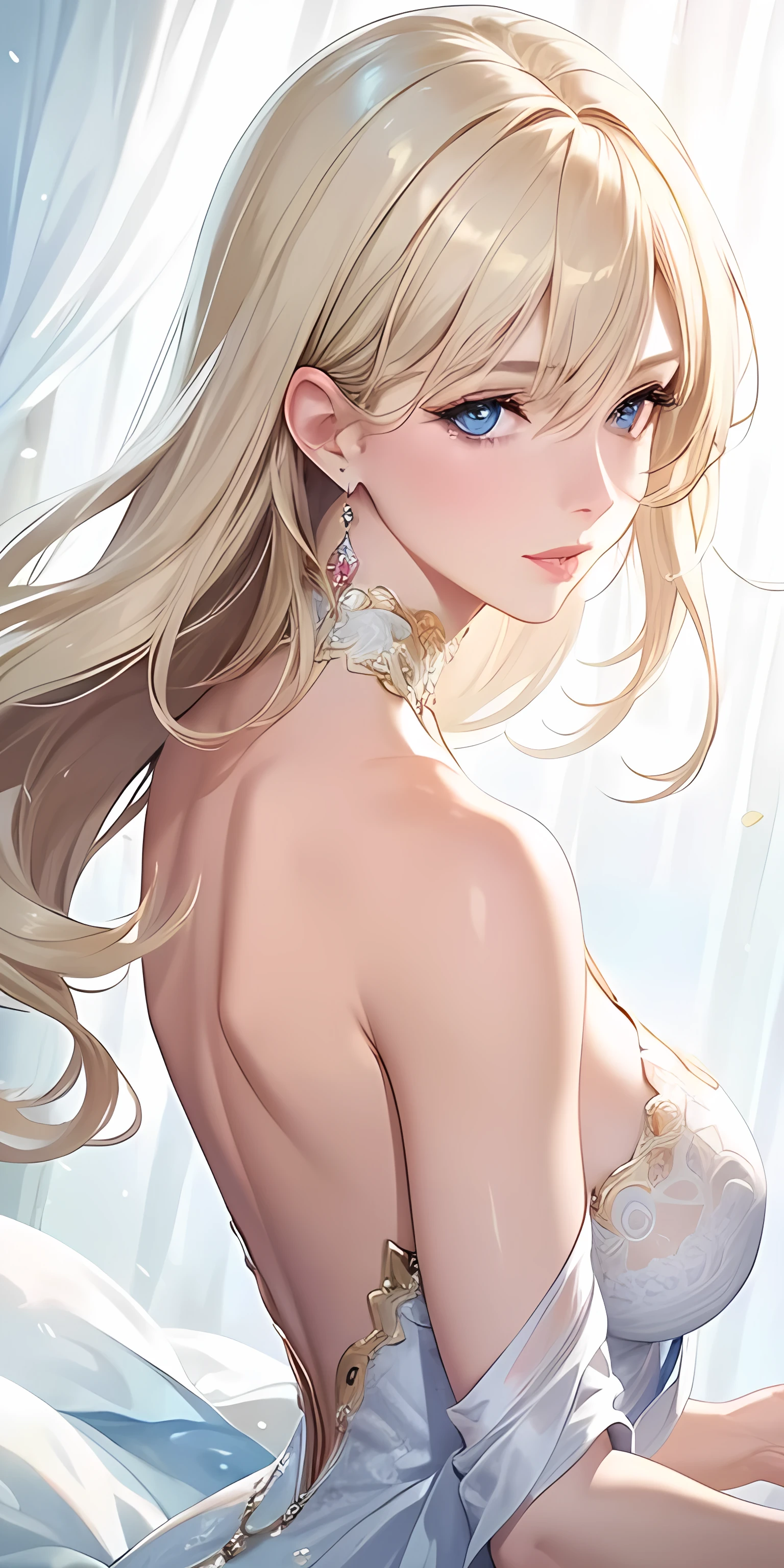 portrait, realistic, elegant mature woman, blue eyes, blonde hair, very long hair, ideal ratio body proportions, 8k resolution, beautiful cg, soft light