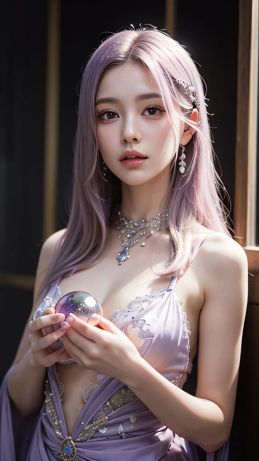 "A photorealistic image of a beautiful young female fortune teller with flowing, light purple hair, gently holding a glowing crystal ball, wearing intricate mystical attire in pastel shades, with a mysterious and enchanting atmosphere, soft ethereal lighting, detailed facial features, focused gaze, fantasy setting, high resolution, sharp focus."