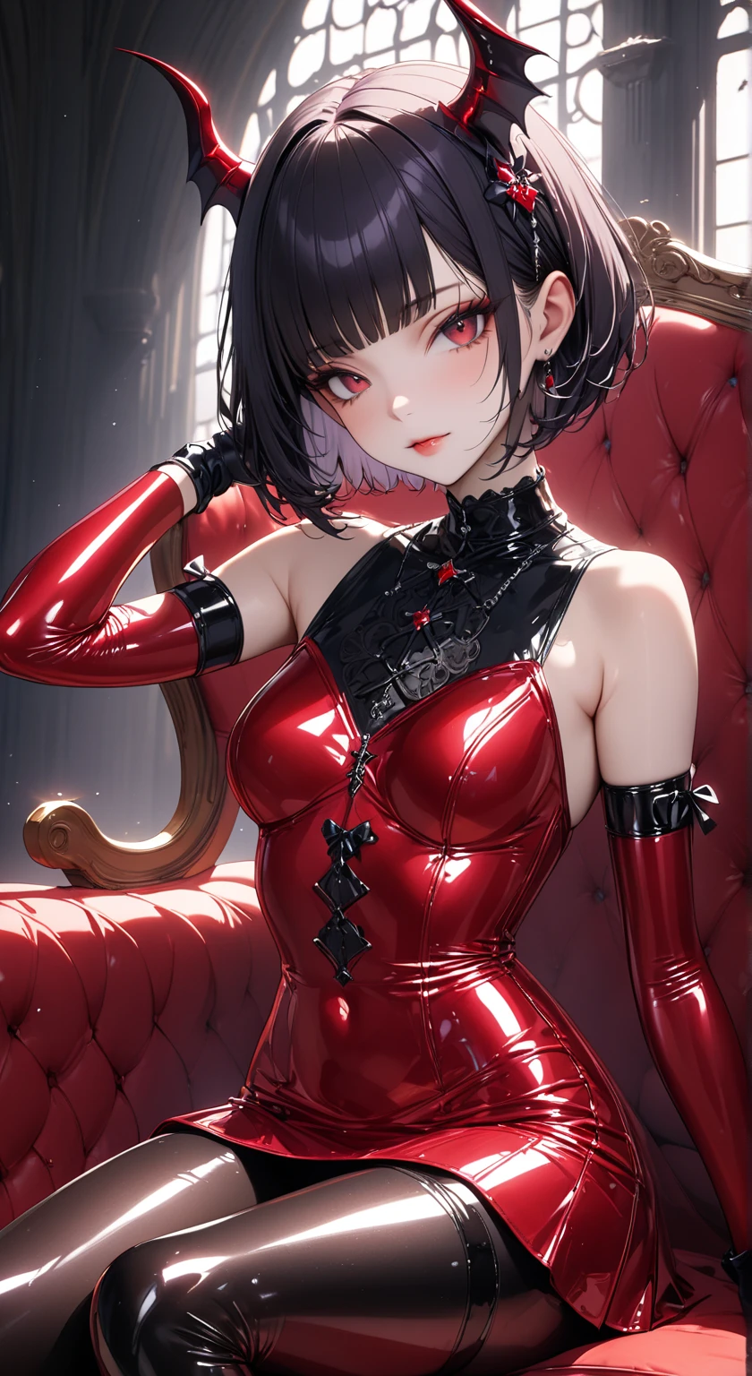 ,((long hair slightly wavy slightly past the shoulders, black bangs, small black pigtails on the sides, cute cat ears, beautiful thin red eyes,)),(obra maestra:1.2), Mejor calidad, (illustration:1.2),Enfoque ocular,(Resplandor magistralmente elaborado:1.3), (ultra detallado), hiper detalles, (delicado detallado), (Detalles intrincados), (cinematic light, Mejor calidad Backlights), clear line,Only women,(miedo,pesadilla,strain,suspenso,Asesinato), Only women, Cuerpo perfecto, (1 chica), (Cabello bioluminiscente brillante, brillantes ojos rojos brillantes), (together drenched in blood),(ropa translucida:1.1), ojos bien abiertos,together, (dynamic:1.2), ((constituir)), alto contraste, (Better lighting, un extremadamente delicado y hermoso), ((cinematic light)), vistoso,((Pintura al pastel con Photoshop:1.1)), horror, (cinematic masterpiece), feroz, poderoso, salpicaduras de sangre, absolutamente llamativo, ((salpicaduras de sangre coloridas en el fondo, dulux,)), ((caustic)), dynamic angle,hermoso brillo detallado, (cautivador),(Intricate and detailed cinematic background),aterrador, fondo adornado, detailed magic circle, esquivar color, desenfoque de movimiento ligero, salpicadura de sangre, luz negra arremolinada alrededor del personaje, profundidad de campo,black light particles,(vidrio roto),magic circle, grotesque scene, (holy war action scene, intrincado campo de batalla),(Matanza:1.1), Lluvia roja, (lloviendo sangre)
