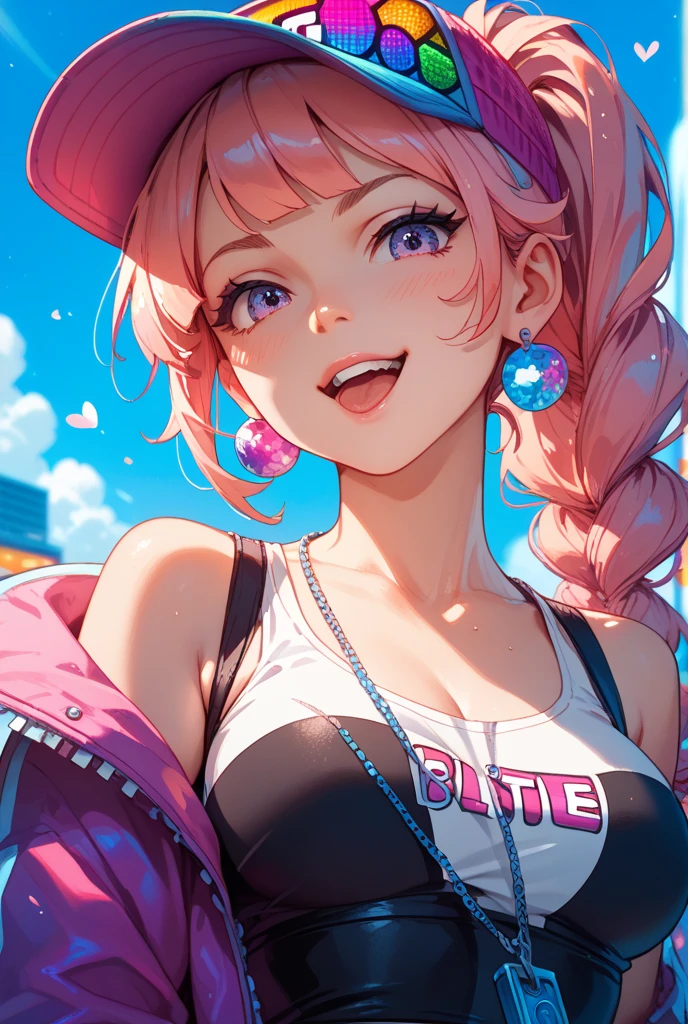 pelo color rosa, ojos azules, blue eyes, intense blue eyes, iris azul, labios enormes, double ponytails, ponytails hairstyle, pechos grandes, Figura de reloj de arena, (cintura estrecha), confianza, superioridad, malcriada, muslos gruesos, de pie, bajita, little, parque (garden, Arbustos, arboles, flores, Vegetation), tema rosa, blusa blanca, vaqueros, sonrisa, medio plano, grueso, ajustado, Caderas grandes, cintura muy estrecha, grandes pechos, escote, labios grandes, pechos grandes, , little, piel brillante,