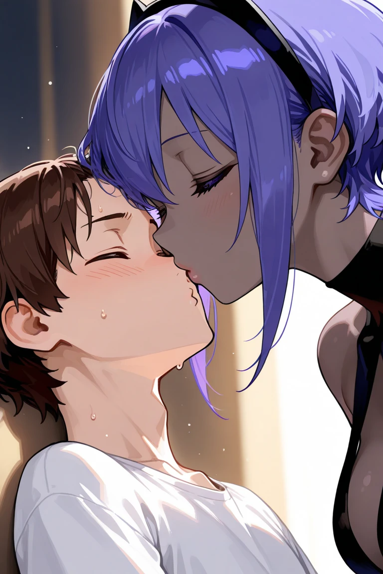 Just before the kiss、deep kiss, French kiss、Ultra-detailed illustrations、Ultra-precise expression、masterpiece、Highest quality、ultra High resolution、High resolution、Hiromitsu Takeda Style、White background、Simple Background、One girl、solo、Mash Kyrielight、light purple hair,short hair,hair over one eyes、Completely naked、Purple eyes、(ahegao)、Blonde Male、White Breath、Sweat、、How、Glowing Skin、shiny skin、View your viewers、