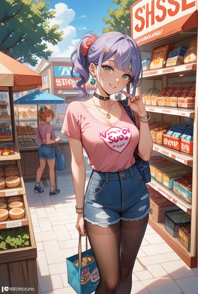 ((master part)), best quality, absurderes, ultra detaild, Holographic, cowboy shot, proportion Aurea, super cute girl, Madura, Idol girl, Super beautiful asian girl with very cute violet bright eyes, Beautiful multicolored bright brown hair, high ponytail, nice and sexy body, body skinny, perfectbody, wearing a super tight anime print knit, Anime Print Super Tight Off Shoulder Long Sleeve Crop Top, a super aesthetic mini transparent jacket, cute hair ornament, Pink Jordan Sneakers, being photographed in a mall store, pulling down shorts showing G-string panties, ((nsfw)), {{Lewd}}
