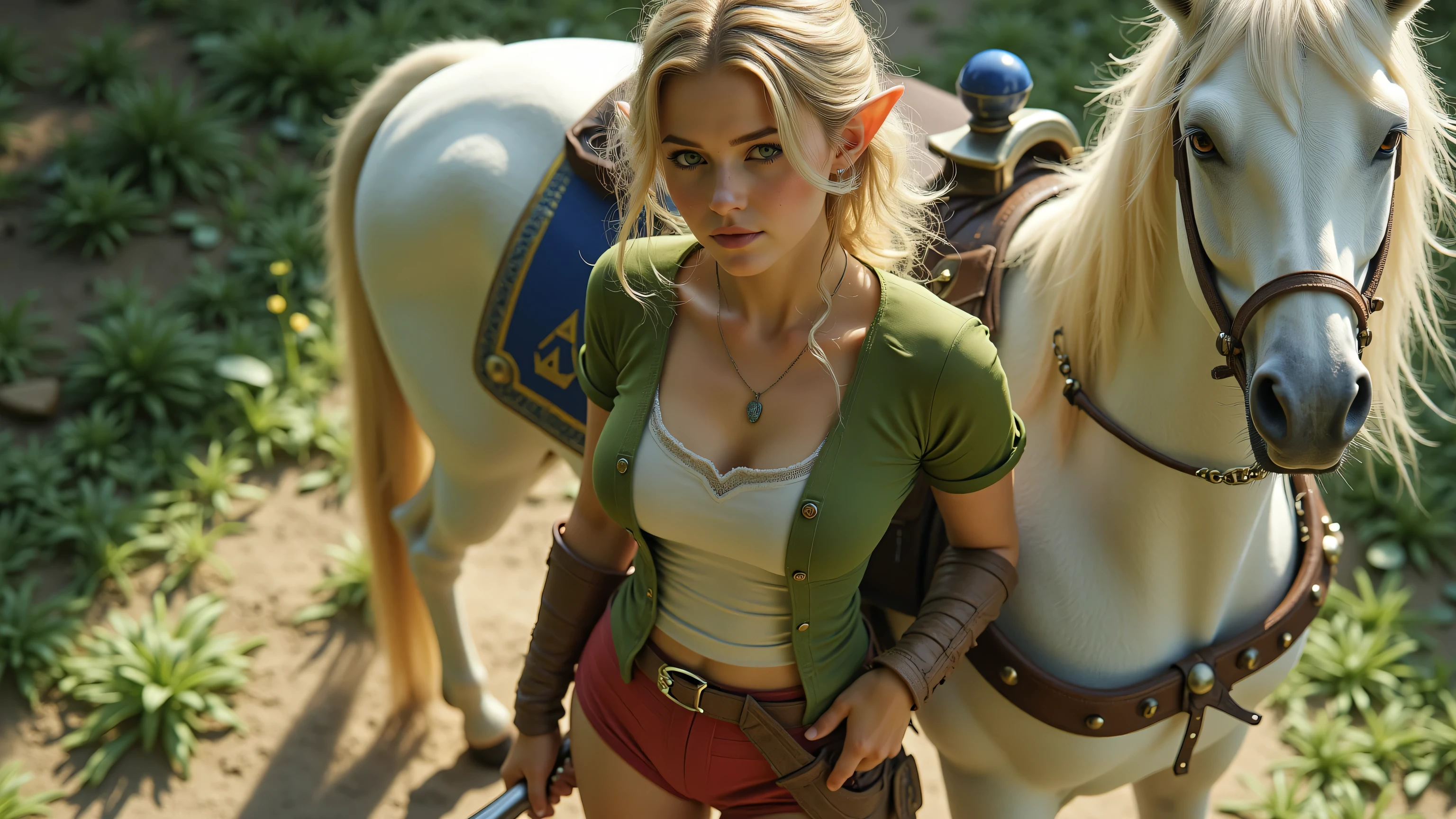 Insane sharp beautiful aesthetic airiest style: The scene is seen from far above off a beautiful slim female elf character, with short blonde curly hair, light blue eyes and freckles. Her clothes consists of a green, knee-length tunic with a white see through tanktop and a brown belt. She wears tan translucent red shorts booties, brown leather boots, and fingerless gloves, with a short sword sheath and hylian shield strapped to her back. her pointed Hylian ears complete the iconic elf-like look. She stands in a casual pose leaning against an armored white horse. Although her facial features are smooth and anatomically perfect, she looks tired after the intens battle she just finished. Her blouse is half unbuttoned and shows her small breasts.
masterpiece, High Quality, high resolution, cinematic, highly detailed, ultra sharp, award-winning photograph, trending on art station, realistic, intricate details, immersive experience, Epic cinematic brilliant stunning intricate meticulously detailed dramatic atmospheric maximalist digital matte painting , playful atmosphere, 8K