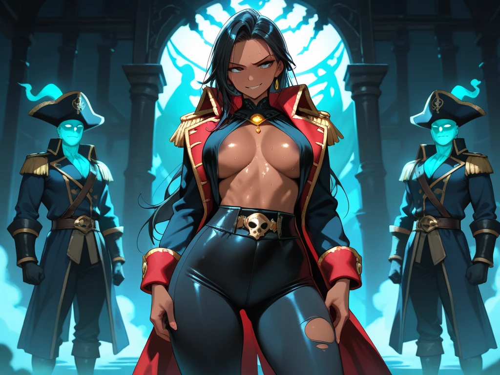 an Arab woman in her twenties, mid-length curly black hair, dark skin, small breasts, ice blue eyes, black tattoo on the left arm, she nude!!!, penis instead of a pussy, arms crossed, black baseball cap, arrogant, ghetto, sexy body, digital art style