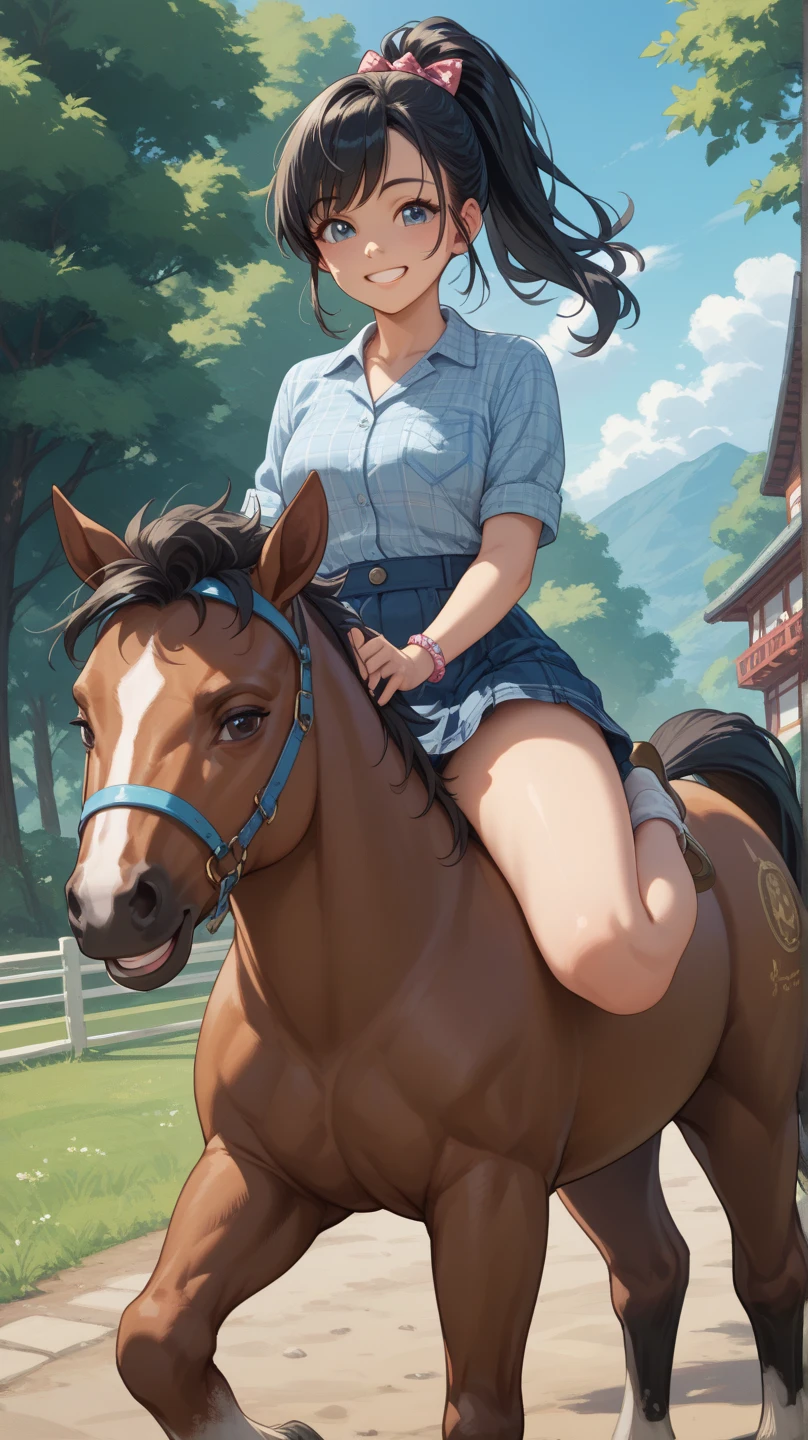 (masterpiece:1.2, top-quality, ultra high res, ultra detailed), (realistic, photorealistic:1.4), beautiful illustration, (natural side lighting, movie lighting), 
looking at viewer, (face focus, upper body), 1 girl, japanese, high school dirl, perfect face, (perfect anatomy), cute and symmetrical face, baby face, shiny skin, slender
(long hair:1.5, straight hair:1.2, sark brown hair), parted bangs, grey eyes, long eye lasher, (medium breasts), 
beautiful hair, beautiful face, beautiful detailed eyes, beautiful clavicle, beautiful body, beautiful chest, beautiful thigh, beautiful legs, 
((detailed cloth texture, short sleeve white collared shirts, navy blue pleated mini skirt, red neck ribbon), , , 
(beautiful scenery), hands on chest, (lovely smile, upper eyes), 

She is wearing a very short skirt.In a grassy field, a girl is on all fours, and a large horse  is clinging to her back from behind, holding on tightly to her lower body.
Her face was bright red, her mouth was open, and she looked like she was about to cry.
She is wearing a very short skirt.Horse behind,sexo con caballo, sexo con caballo, sexo con caballo