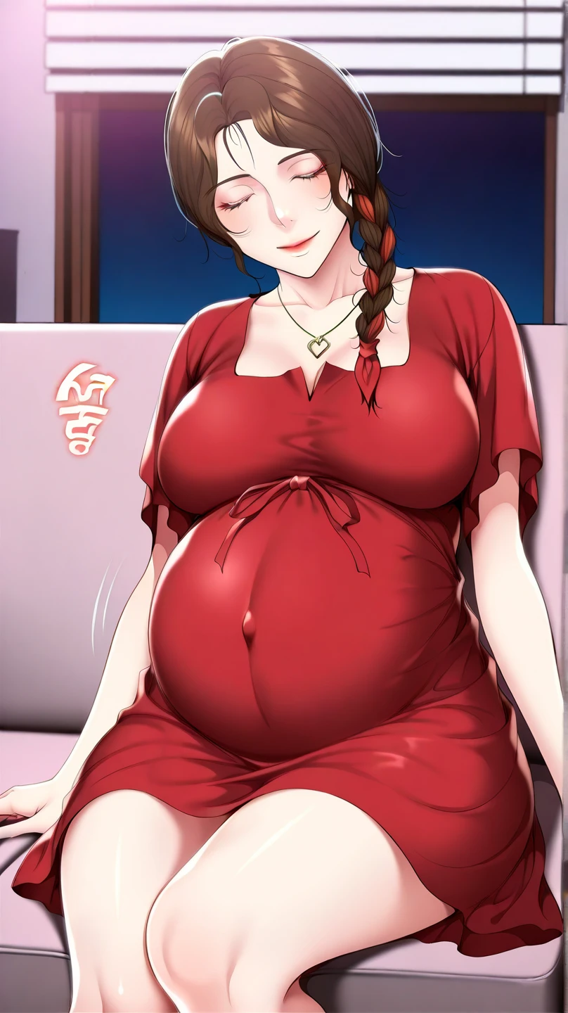 Ahri, big lips, red formal dress, bbw, Big round pregnant belly, obese, long black hair