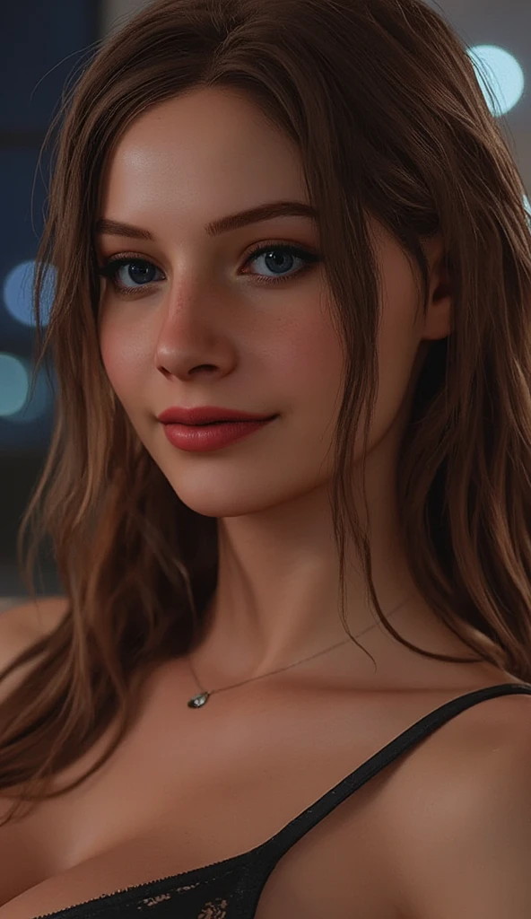 arafed woman with a red tank top and a necklace in a club, sexy girl with green eyes, portrait sophie mudd, brown hair and large eyes, selfie of a young woman, bedroom eyes, violet myers, without makeup, natural makeup, looking directly at the camera, face with artgram, subtle makeup, piercing green eyes, naked