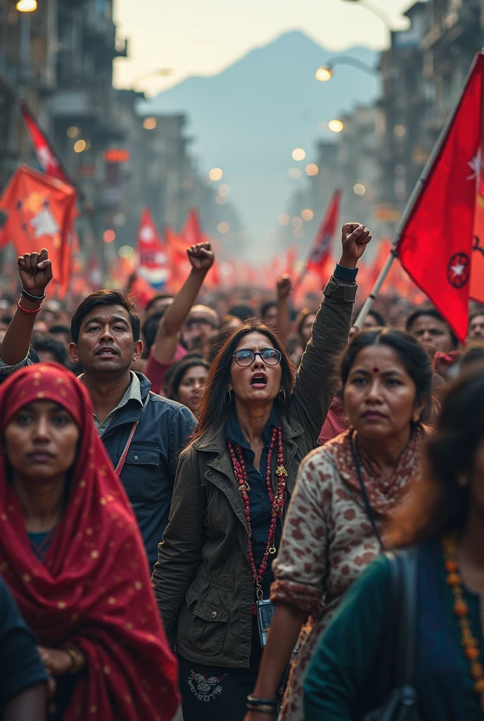 Give me an image which written Boycott Indian Products banner  with girl wear red sharee.
Reason Bangladesh flood.