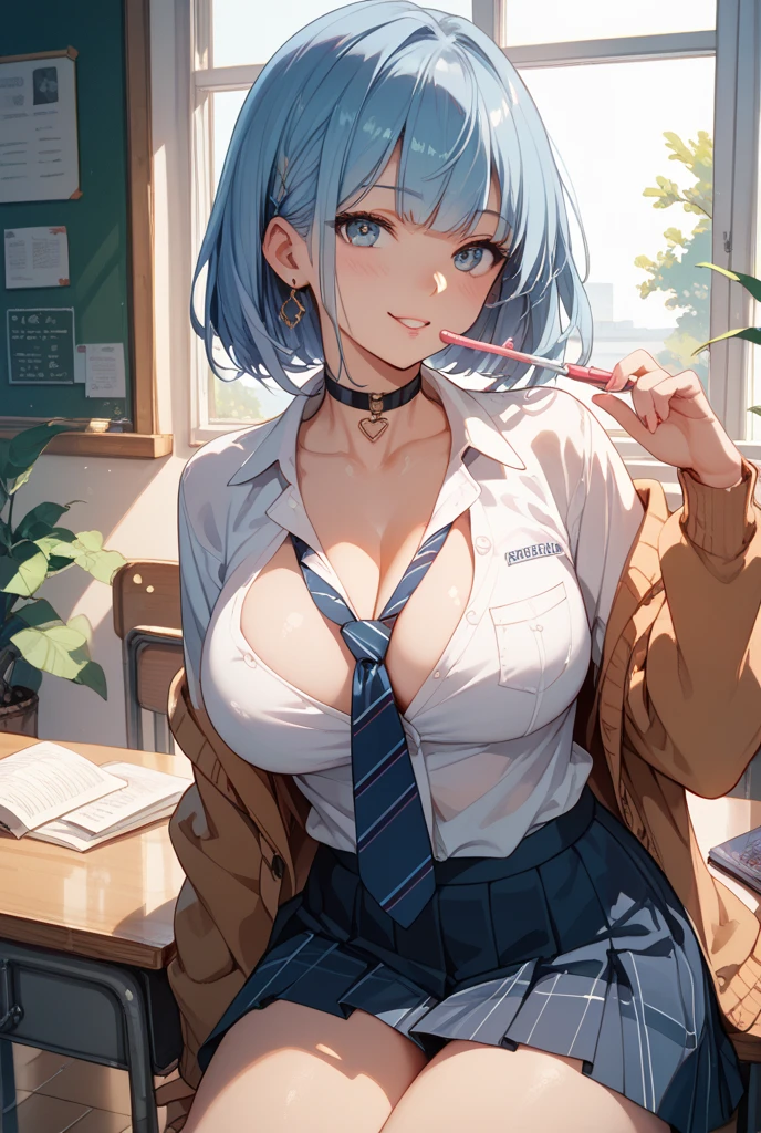 cute school girl,(((1girl))),((beautiful sexy school girl with extremely cute and beautiful blue colored hair))
(Super huge enormously gigantic breasts, cleavage showing:1.4), huge gigantic saggy breasts,(((blue colored hair:1.35,colored inner hair,ear breathing,ponytail hair))),((heterochromia:1.5, vibrant moonlight eyes,perfect eyes,upturned eyes:1.3,beautiful detailed eyes,finely detailed beautiful eyes:1,big highlight on eyes:1.2,slanted eyes)),((fat)),(((real skin texture, lustrous skin:1.5,bright skin: 1.5,skin tanned,shiny skin,very shiny skin,shiny body,plastic glitter skin,exaggerated shiny skin,illuminated skin,wet legs))),(spider lower abdomen,narrow waist,wide hip,curvy body,inflated legs,delicate detailed fingers,detailed body,human hands,(detailed face, long detailed eyelashes, blushing)),muscular,muscular girl,abs,
cute,slutty,horny,seductive,erotic,(((nsfw))),
(((school uniform))),(((huge tits, huge cleavage))),((,detailed outfit,detailed clothes)),
(Sexy dynamic pose:1.0),solo focus,embarrassed,(centered,scale to fit dimensions,Rule of thirds),
Detailed classroom background
High resolution, sharp focus, (ultra detailed, extremely detailed), (photorealistic artwork:1.37), 8k wallpaper,((synthwave background theme)),((vibrant colors)),(intricate),masterpiece,(best quality),