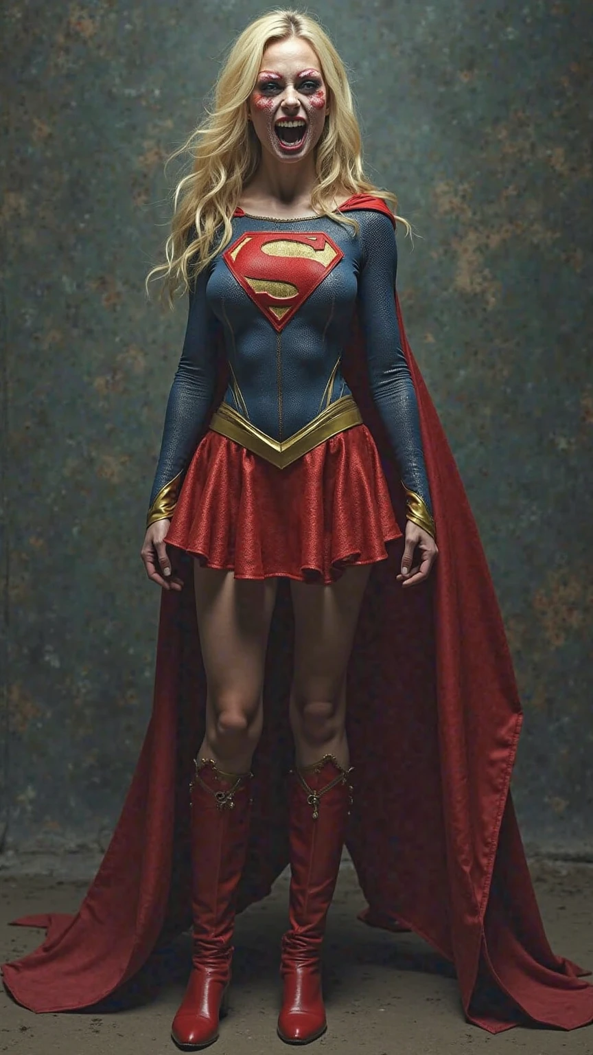 Supergirl, after fighting with all her might against Doomsday, the strongest enemy she ever fought, was tragically defeated. She was finished with the dark beam attack which penetrated her body with no mercy. Supergirl's listless body lies on her back. Her body is left on the ground at night. Her costume tattered and her nipples are exposed and so is her panty underneath the severely tattered red skirt. Supergirl's eyes are entirely closed, her face showing so much pain, her beautiful legs full of dirts.