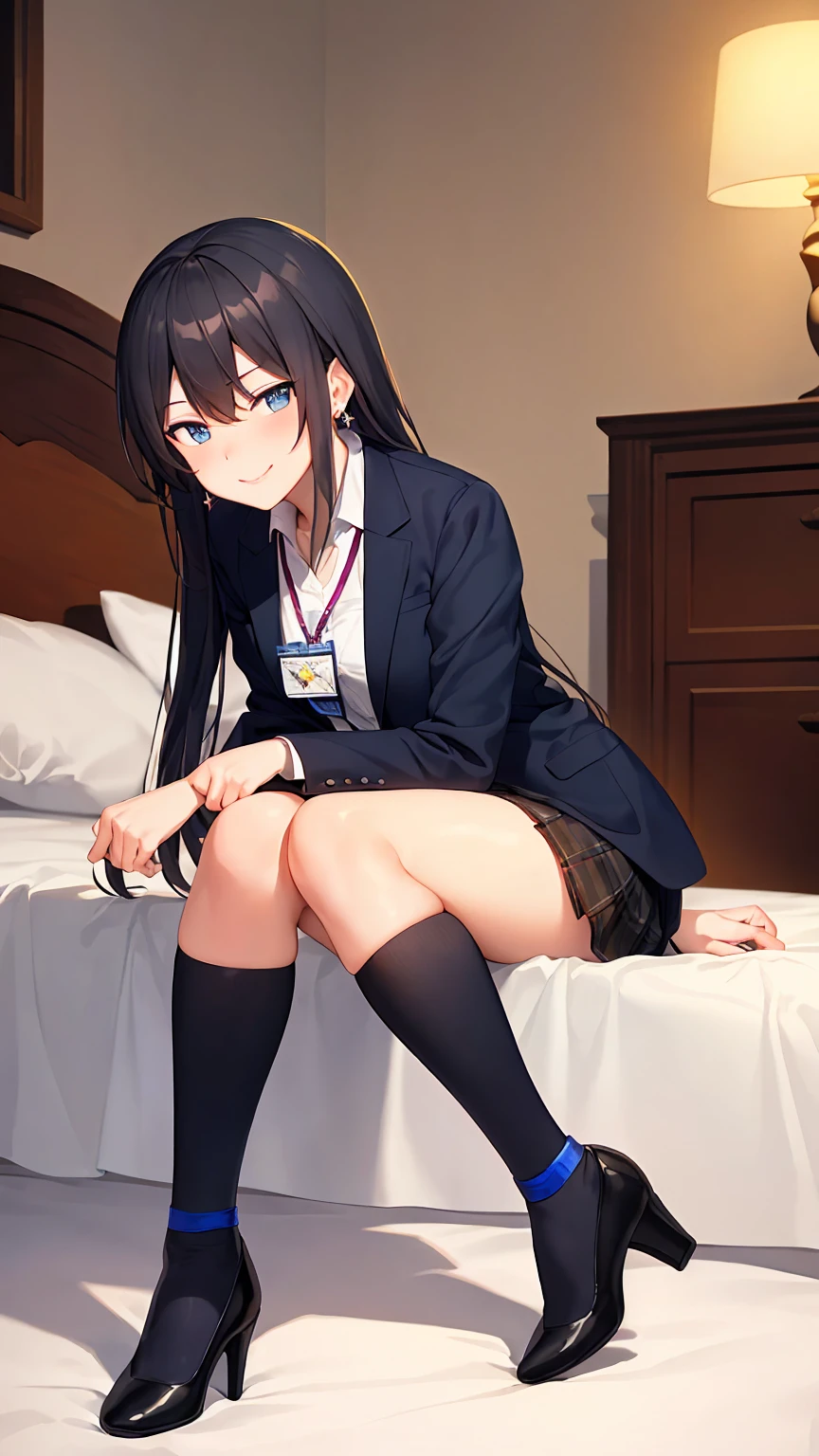 penis,cum in pussy,pussy juice stain,clothed sex,Black Hair,Straight Hair,Grey blazer,Grey Skirt,Pleasant face,Hiding face with hands,Embarrassing,On the bed,Drooling,Overflowing with semen,