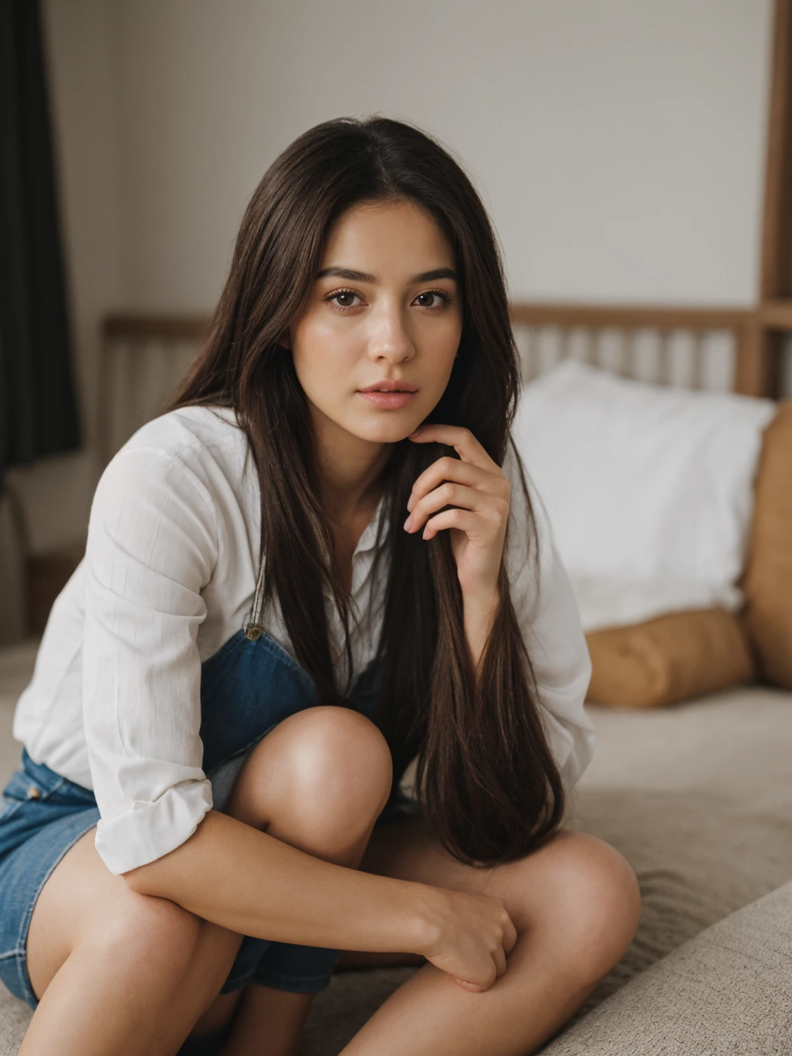 One woman of about 20 years old, black long hair, body measurement 36-25-36, height 5'7", big breasts, Hazel eyes, wearing shirt and pajama, Full Body full height Shooting, seductively looking at the camera, Masterpiece, mobile Photography, daylight, 8k, Top Quality, Fine Pore, Photorealistic, Ultra Detailed, (high skin detail:1.2),Extremely detailed,Intricate, sharp-focus,mouth closed, candid capture