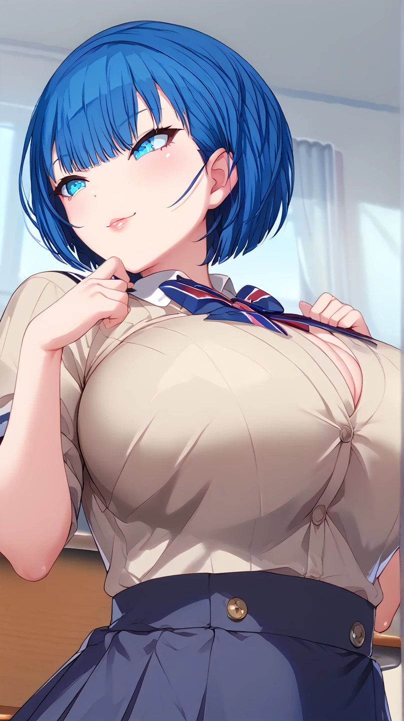 1womanl,Blue hair,Red ribbons ,((Surprised look)),Beautiful breasts,Eyes like very big breasts、Colossal tits、white shirt,Blue Dress,well-styled,Slender thighs,Decorate the front beautifully)(((Blushing cheeks、embarassed expression、Naughty smile)),(((The skirt is rolled up by the wind)))、Long bob cut、Rem of Rezero、No panties、No panties、No bra、Heart-shaped pupil, Unusual pupils, tattoo on crotch, Heart-shaped tattoo、