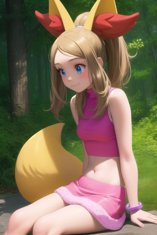 pkmnserena, 1girl, solo, blue eyes, blonde hair, long hair, ponytail, sidelocks, bangs, pink shirt, real life image, crop top, sleeveless, turtleneck, pink skirt, miniskirt, midriff, bracelet, smile,closed mouth,cowboy shot,sitting,forest,outdoor, (insanely detailed, beautiful detailed face, masterpiece, best quality) cinematic lighting, realistic photograph, realistic background, cute, real life photo, looks like real life, soft texture