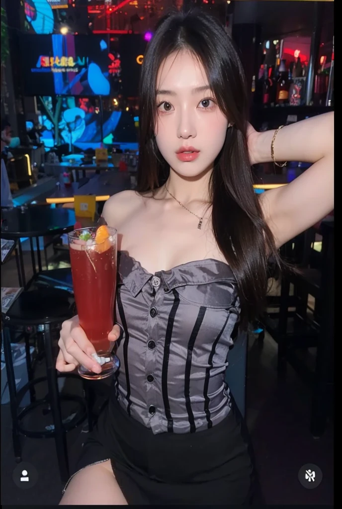 POV,from above,masterpiece,Japanese anime style,Beauty with long reddish-brown hair and blue eyes,A confident smile,Drinking coffee on a skyscraper observation deck, Wearing an off-shoulder top and a red skirt，Sky with full moon and fireworks