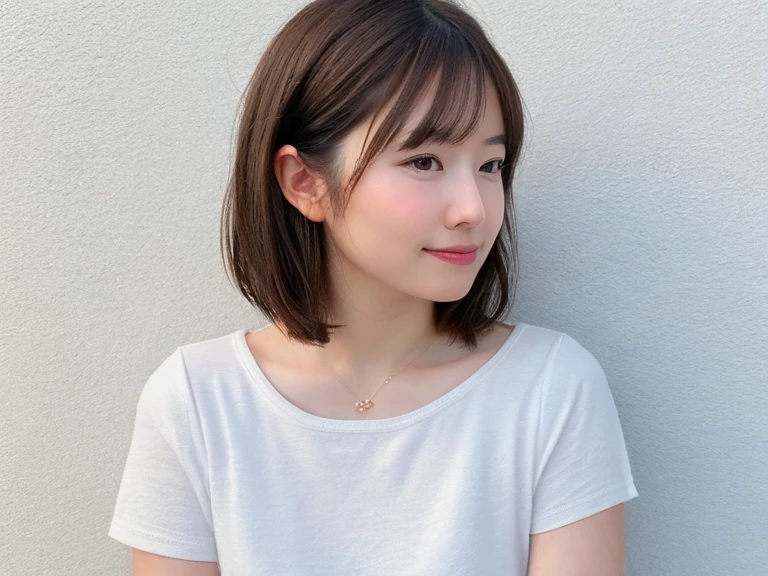(Highly realistic photos, High resolution, detailed face, fine eyes), ((Taken in front of a white wall))、japanese woman, 40 years old, Variety of facial expressions, alone:1, slim figure, different hairstyles, casual clothes, Only one person appears in the photo、long sleeve dress、Shot in natural light、simple necklace、Spring clothes、Don't look at the camera、profile、Dark brown hair color、bob hair