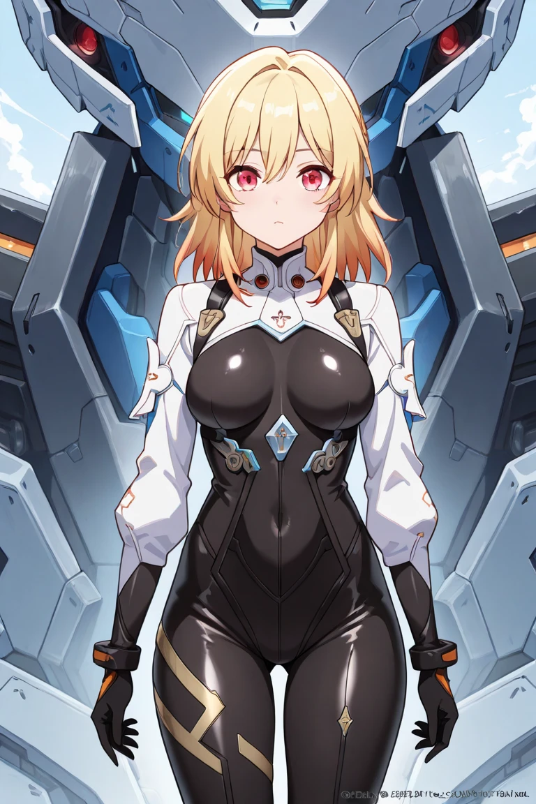 Milf, woman in a futuristic suit, highly detailed face, cool, mom, tomboy, very large breast, (Milf), mature face, (mature female), cybersuit, anime girl wearing tight suit, milfication, Elegant body, navel focus, naked body, gloves, earrings, science fiction, female protagonist, standing, volumetric light, detailed lighting, detailed textures, oppai cyberpunk, biomechanical oppai, masterpiece, best quality eyes, sci-fi background, futuristic landscape, low angle, chubby, (smooth surface), blonde hair, long blonde hair, (yellow body suit)