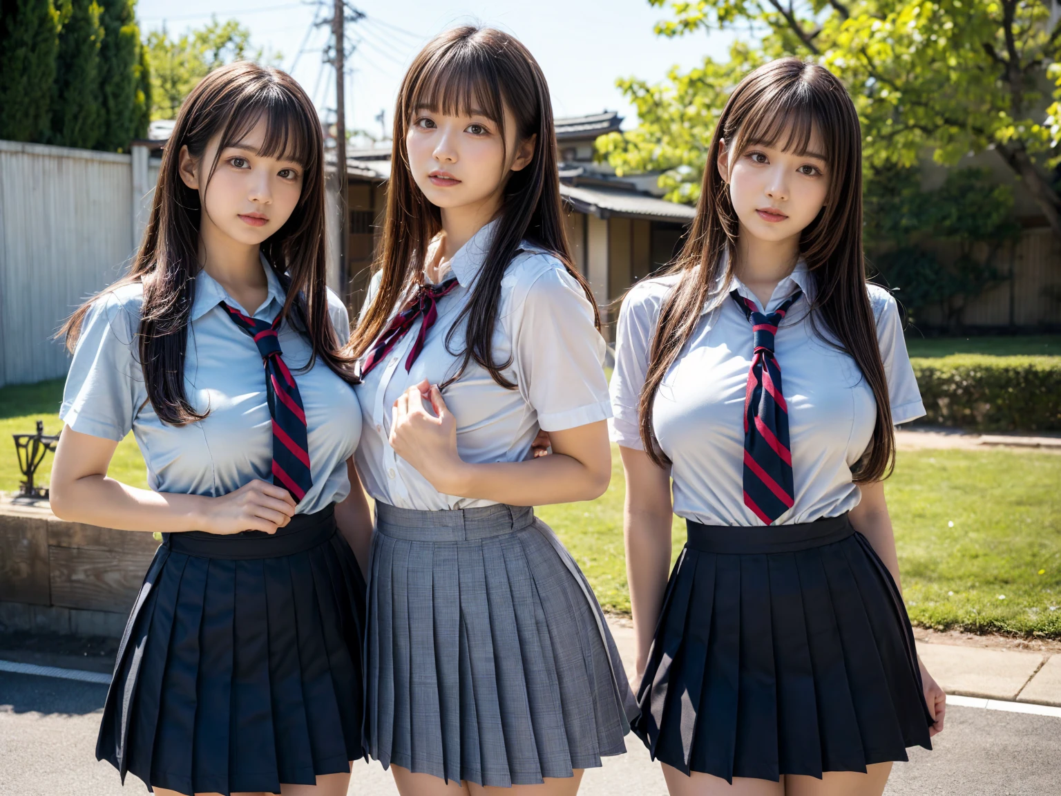 (RAW photo, 4k, masterpiece, high resolution, extremely complex) (realistic: 1.4), cinematic lighting
((2 girls, 2 schoolgirls)),Slam Dunk's,blushing,((innocent)),bright eyes,round eyes,blunt bangs,(ponytail:1.3),black hair,large breasts,wide hips,Summer Noon, ,Hot, (Best Quality), (Highres), (an Extremely Delicate and Beautiful),(Beautiful 8k face),(Brown eyes),( spectators),(gigantic breasts),(Play with each other,Touching each other's bodies,Touching the body),(Japanese high school uniform:1.3),blue skirt,(reality),bright lighting,(The background is a luxury hotel room)