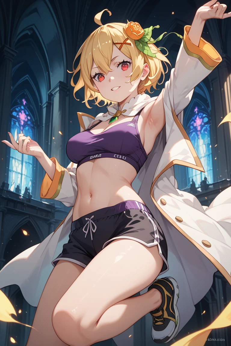 young girl, short blonde hair, Bob hairstyle, violet eyes, Black and white tight magic dress, open belly, open breasts, Wide neckline, The Sun and the Moon, Masterpiece, hiquality