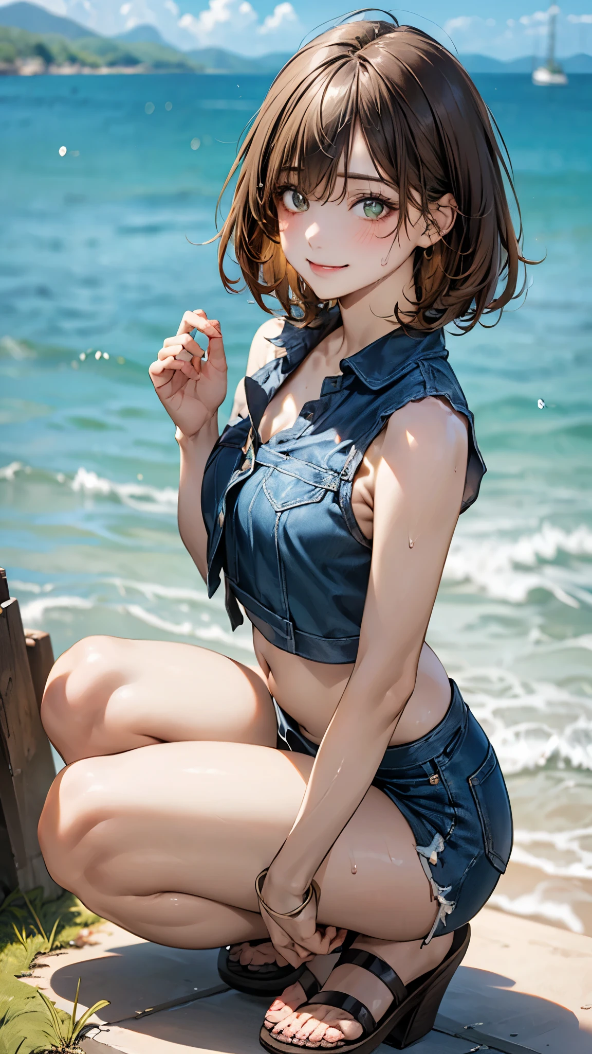 (masterpiece:1.3, top-quality, ultra high res, ultra detailed), (realistic, photorealistic:1.4), beautiful illustration, perfect lighting, natural lighting, colorful, depth of fields, 2025s, nsfw,
beautiful detailed hair, beautiful detailed face, beautiful detailed eyes, (perfect fingers, five fingers, perfect anatomy, anatomically correct, super detailed skin), shiny skin, glowing skin,
looking at viewer, (face focus, cowboy shot), 1 girl, junior high school girl, obedient personality, cute and symmetrical face, perfect face, perfect eyes, perfect body, (babyface:1.2), cute face:1.2, round face, (tiny:1.2),
(very short hair, pixie cut hairstyle, brown hair), blunt bangs, hair between eyes, lime-green eyes, big eyes, long eye lasher, (medium breasts, seductive thighs, large ass), (plump:1.1), skin dentation,
(detailed cloth texture), (sleeveless, midriff, white collared shirt), (denim tight mini skirt), (strappy cute sandals), clavicle
(beautiful scenery), summer, evening, (seaside:1.2), squatting, ((grabbing breasts)), (cute smile, , hollow eyes, lazy eyes), sweaty,