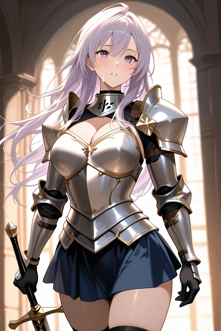 最high quality、best image quality、masterpiece、teenage girl((18-year-old、 By becoming、vest bust、medium bust,wide open breast tea、black eye, blonde、ponytail、thin,highest valley、toned chest、gold armour、silver armor short skirt、Holding a sword in his right hand、Equipped with a shield on the left hand)),high quality、beautiful art、background((church、light shines in)),debris flies、Depth of written boundary、movie、visual art、perfect art、8K,genuine