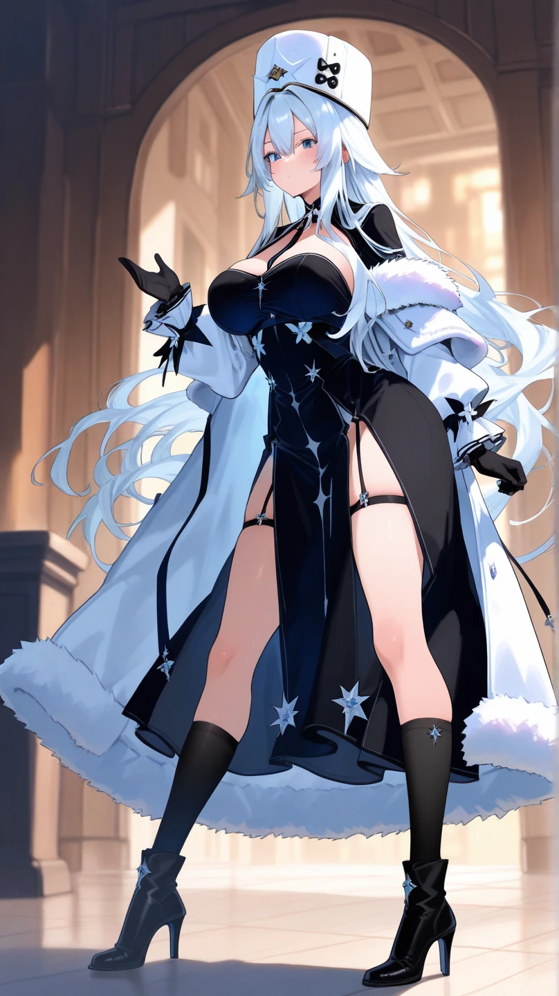 Anime, woman, long hair, pale blue hair, pink eyes, gently, earrings, big boob, wearing a black dress, beautiful, elegant, pure, fantasy, ice, snowflake, snow land, cool, noble, small smiled, fur coat, elf,