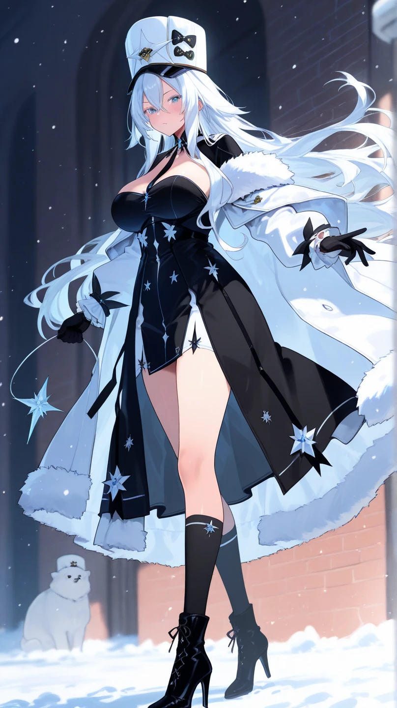Anime, woman, long hair, pale blue hair, pink eyes, gently, earrings, big boob, wearing a black dress, beautiful, elegant, pure, fantasy, ice, snowflake, snow land, cool, noble,