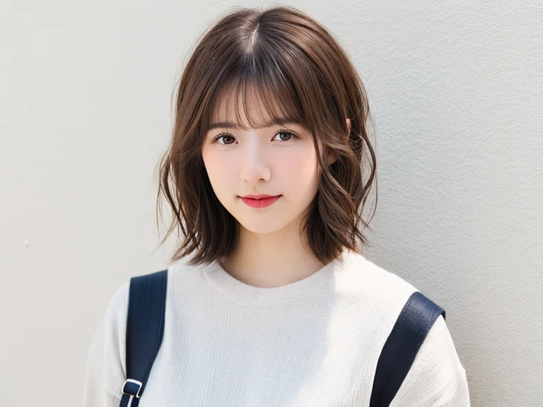 (top-quality、16K resolution) 1 girl、solo、natural soft light、Looking at the camera、Long sleeve white T-shirt、Concrete background、Facing the front、is standing、Woman in her late teens、Light bangs、short-hair、Salon model、Natural look、portlate、floated hair、Rolled hair