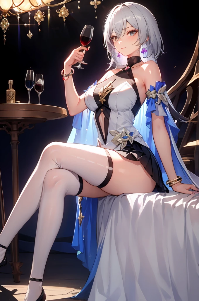 Bronya, honkai star rail, 1girl, alcohol, alternate costume, armlet, bare shoulders, black background, black dress, black gloves, black thighhighs, breasts, cleavage, criss-cross halter, cup, dress, drinking glass, flower, gloves, gradient background, hair between eyes, purple earing, halterneck, holding, holding cup, large breasts, long hair, looking at viewer, silver short nails, see-through gloves, solo, thighhighs, thighs, wine, wine glass, ((masterpiece)) black pleated skirt, sitting,