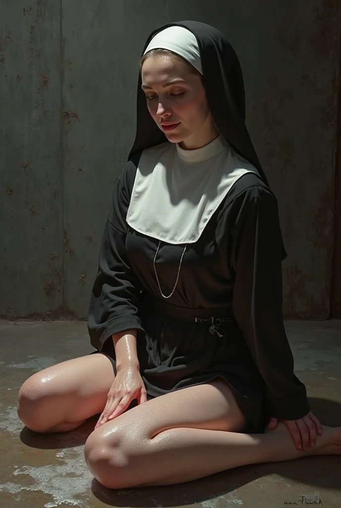 Slutty nun, black robe, cleavage, pale skin, medium body, (best quality, high resolution, extreme detail, outstanding composition, masterpiece:1.4), dark, partially illuminated, naked full body, show pussy, show tits, ,
, cum on pussy ,kneeling, huge ass,whipping,woman lies on her back with her legs up, showing her pussy,cum on body,top, sexy, woman lies on her back with her legs up, whole naked body, slave, shackled in stocks,