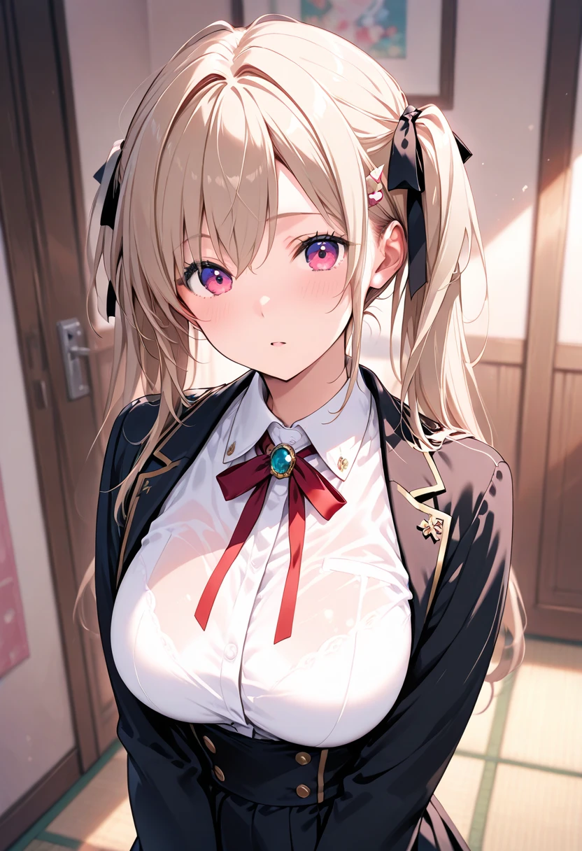 best quality, ultra high res, (photorealistic:1.4), 1girl, button shirt, black skirt, school, dark brown hair, breasts, (blonde hair:1.2), looking at viewer, (highly detailed face:1.1),, (PureErosFace_V1:0.8),tiktok,
